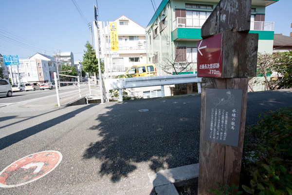 標識には案内板「水練の龍馬」が。「少年期の龍馬にとって鏡川はかっこうの遊び場であった。姉の乙女にきびしく泳法を教わった話、「どうせ濡れるので平気」と雨の日も泳いでいたなどの逸話が残っている」。