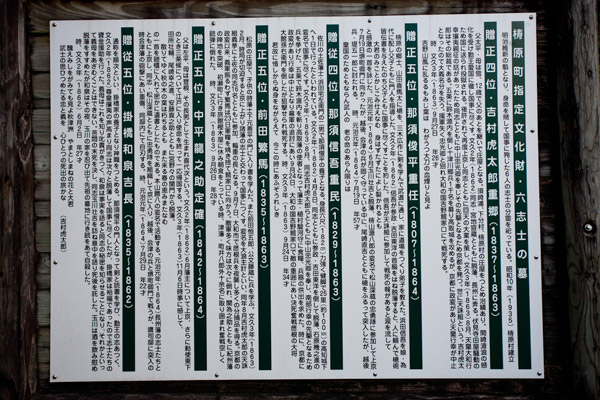 六志士の墓(分霊)。吉村虎太郎、那須俊平、那須信吾、前田繁馬、中平龍之助、掛橋和泉の分霊を祀ります。3時58分。