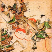 『平治物語絵巻』。敗走する源義朝一行。一番上が義朝、右の子供は頼朝。