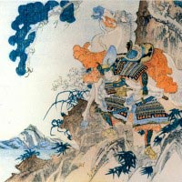 歌川国芳の描いた畠山重忠。鵯越えで馬を背負っているところ。
