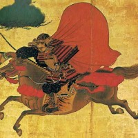 『一の谷合戦図屏風』。平敦盛を呼び止める熊谷直実。