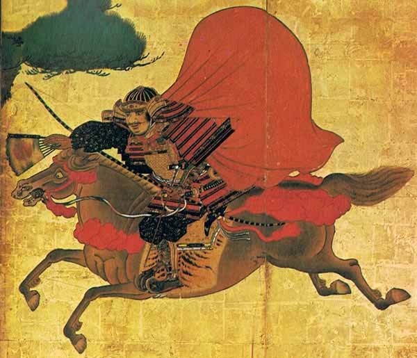 『一の谷合戦図屏風』。平敦盛を呼び止める熊谷直実。