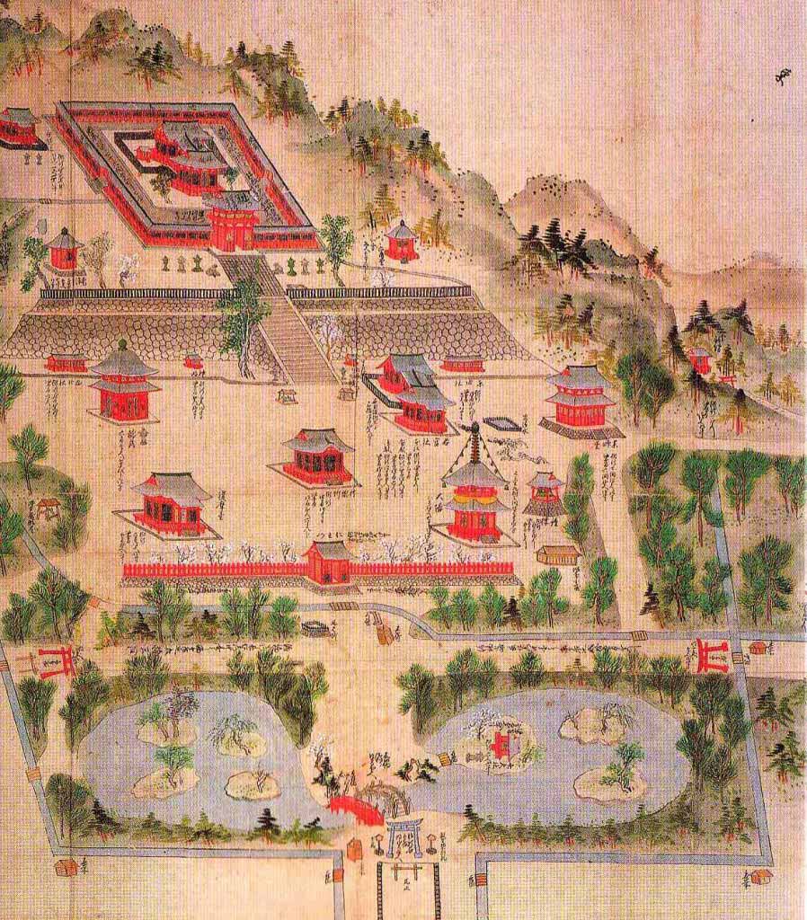 享保17年(1732年)の鶴岡八幡宮絵図。源頼朝が創建した鶴岡八幡宮の姿をとどめた徳川秀忠による寛永造営からやく約100年後の姿ですが、伽藍の配置はおそらく変わっていません。