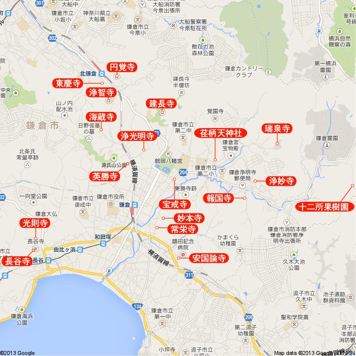 鎌倉の主な梅の名所地図