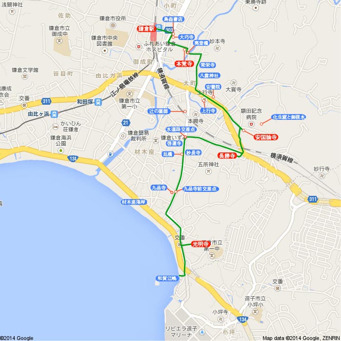 〈桜〉鎌倉 桜見物 2014 大町~材木座の地図