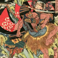 歌川国芳が描いた佐々木盛綱。藤戸の戦いにおいて馬のまま海路を押し渡った後に路を案内した漁師を殺したといういいつたえを描いています。