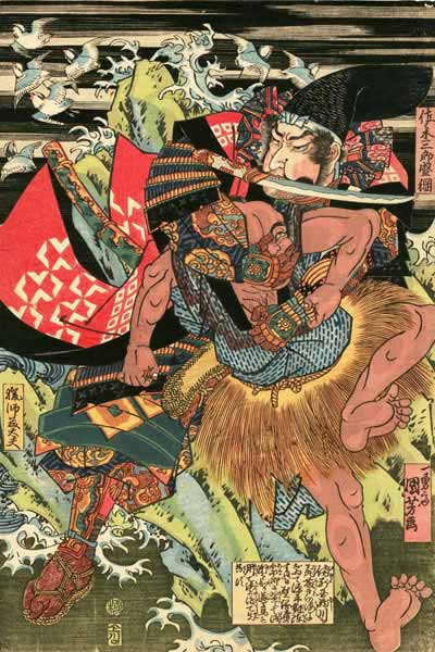 歌川国芳が描いた佐々木盛綱。藤戸の戦いにおいて馬のまま海路を押し渡った後に路を案内した漁師を殺したといういいつたえを描いています。
