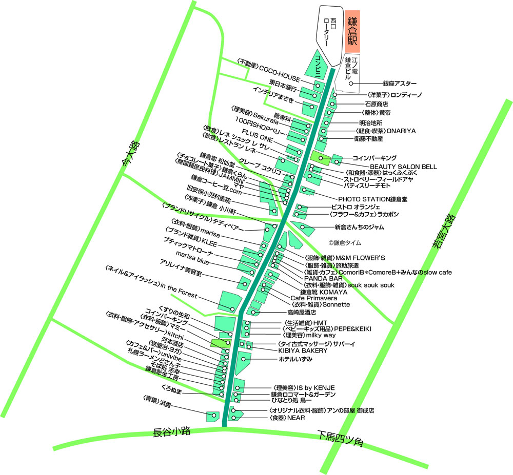 御成通り地図。2015年夏版@鎌倉タイム。※全ての店舗ではありません。
