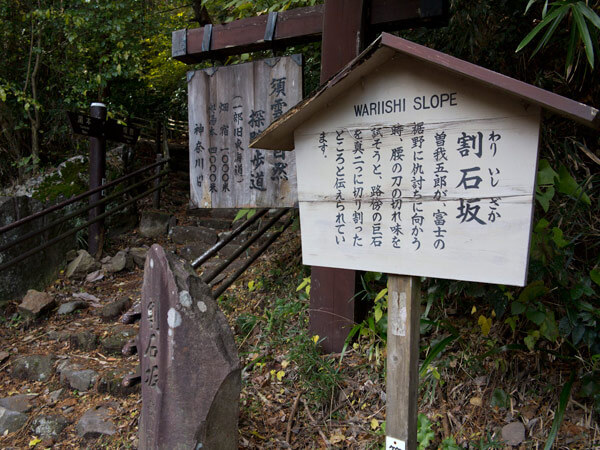 県道の反対側に旧道と割石坂の案内。