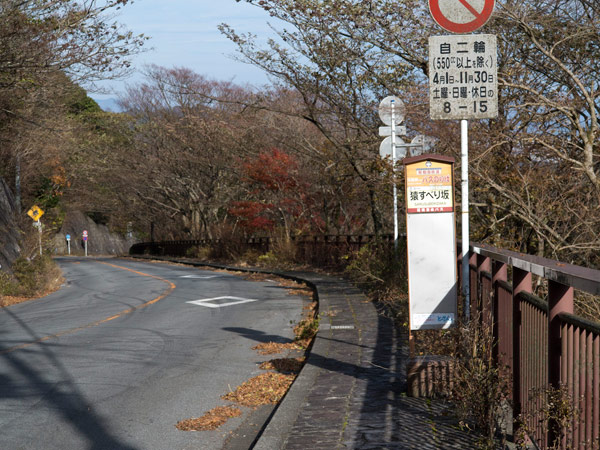 猿滑坂を登りきると県道に出ます。「猿すべり坂」バス停があります。