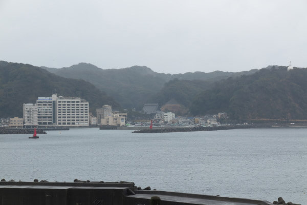 千葉、鴨川の海と山。山麓あたりに、日蓮生誕地に創建された誕生寺の堂宇がみえます。
