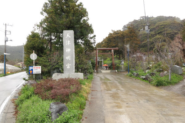 天津神明宮の参道とニノ鳥居。この鳥居と三ノ鳥居は、二十年に一度、伊勢神宮の式年遷宮にならって建て替えられます。